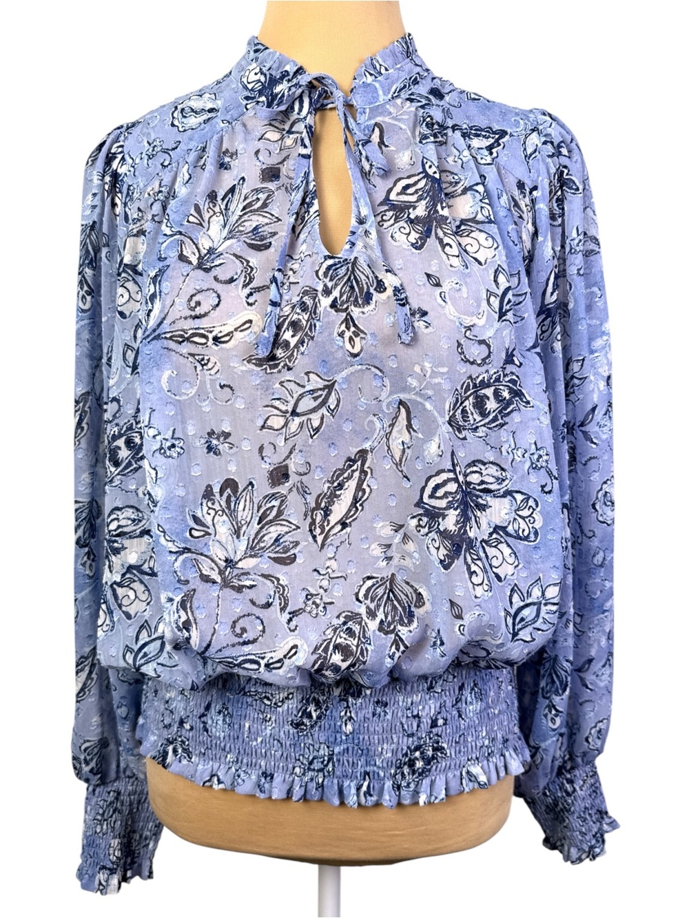 Rachel Zoe Periwinkle Blue Floral Tie Neck Peasant Blouse Smocked Boho Top Sz M